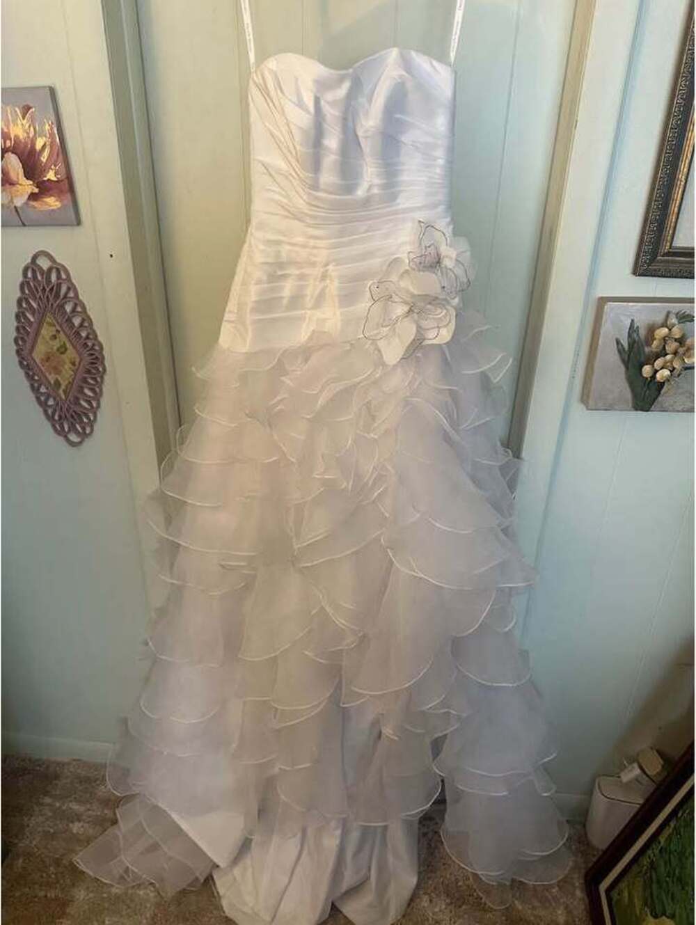 David's Bridal Strapless Ruffle Wedding Dress Floral Detail style t 3505 size 2